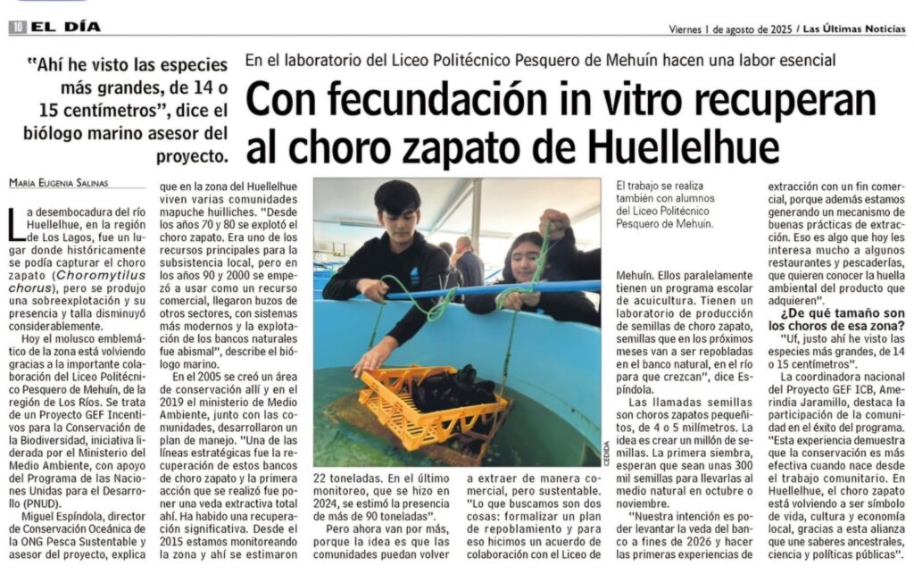 Proyecto GEF Incentivos en LUN con nota sobre fecundación in vitro que busca recuperar al choro zapato