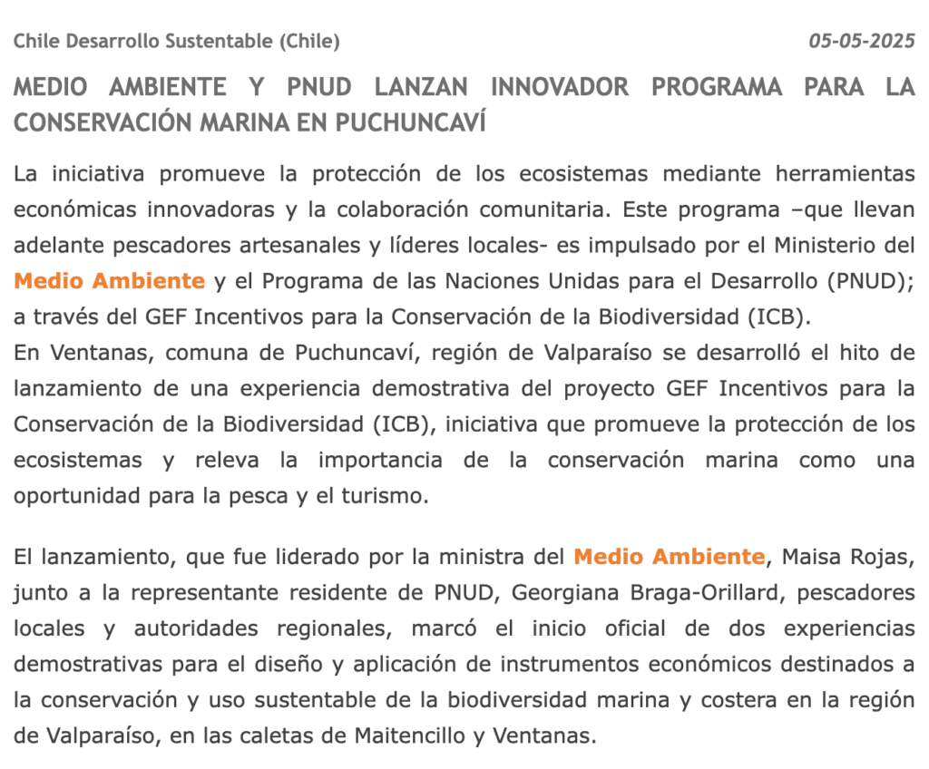 Medio Ambiente y PNUD lanzan innovador programa para la conservación marina en Puchuncaví